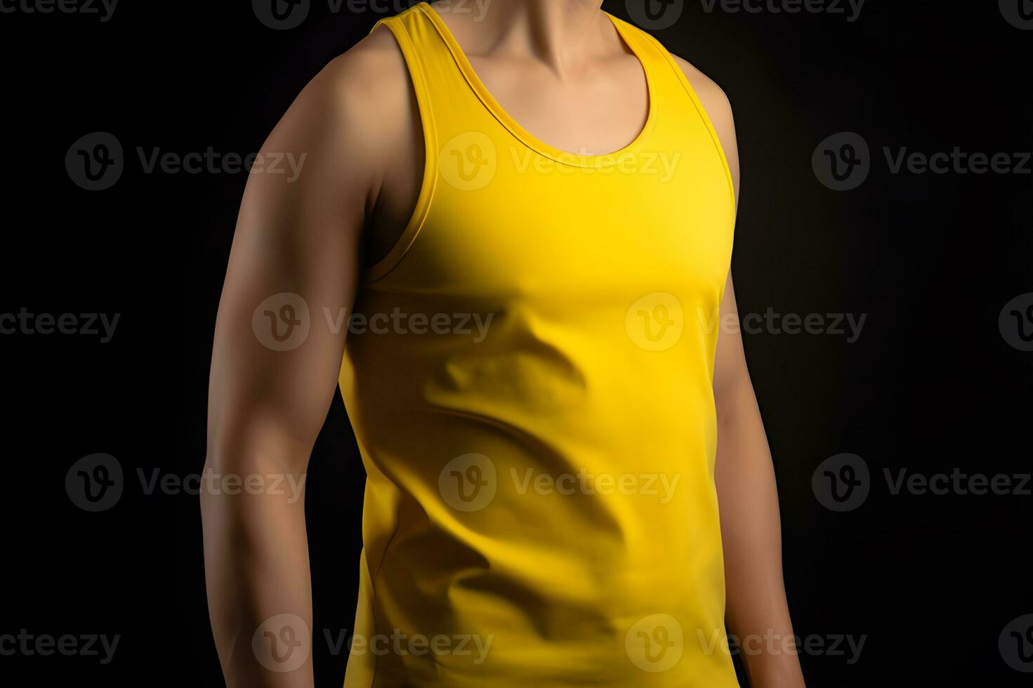 generativo ai. blanco amarillo tanque parte superior burlarse de arriba en masculino modelo escaparate tu diseños en estilo foto