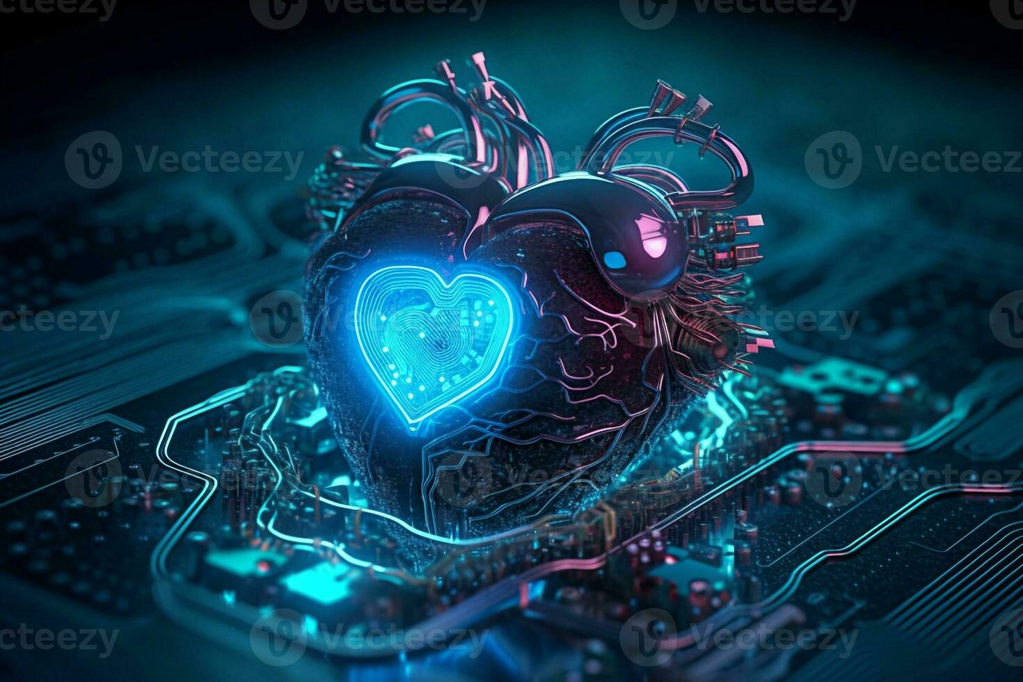 generative AI. Digital Love Blue Heart Shaped as Computer Circuit Board photo