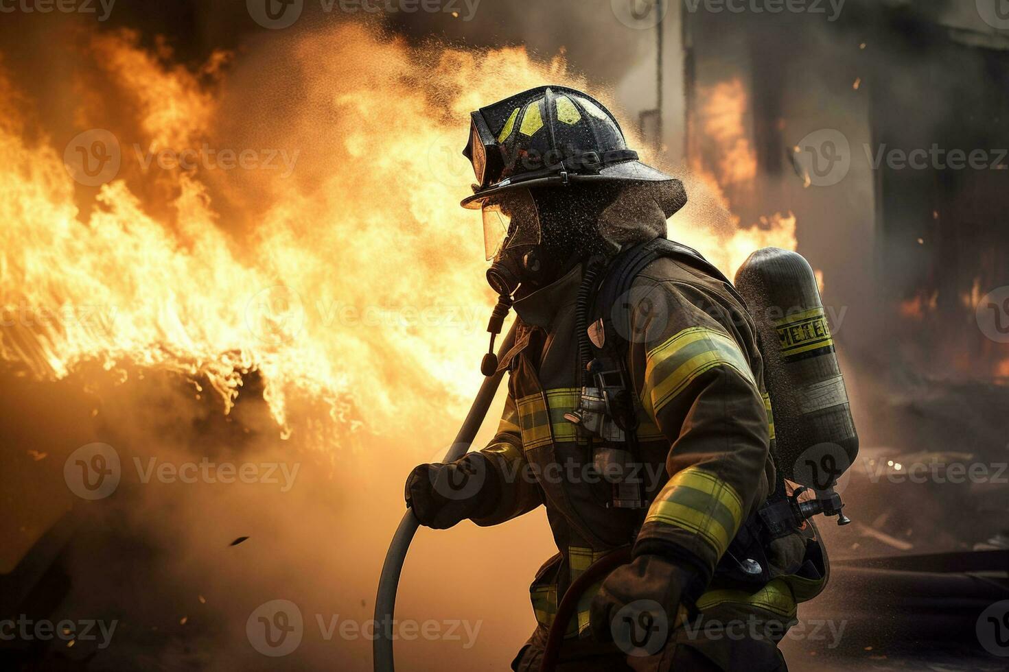 generative AI. Heroes of the Flames Realistic Firefighters Battling Raging Inferno photo