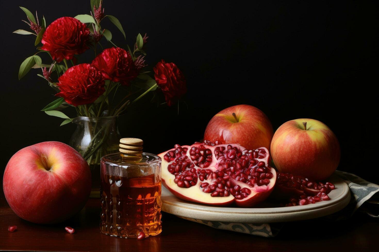 Rosh hashanah jewish New Year holiday concept. Traditional symbols, Apples pomegranate and honey for Rosh Hashanah, AI Generated photo