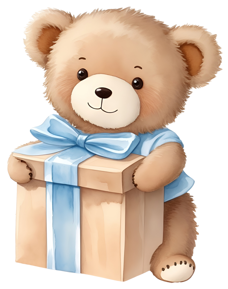 mignonne nounours ours avec une cadeau boîte isolé. ai génératif png