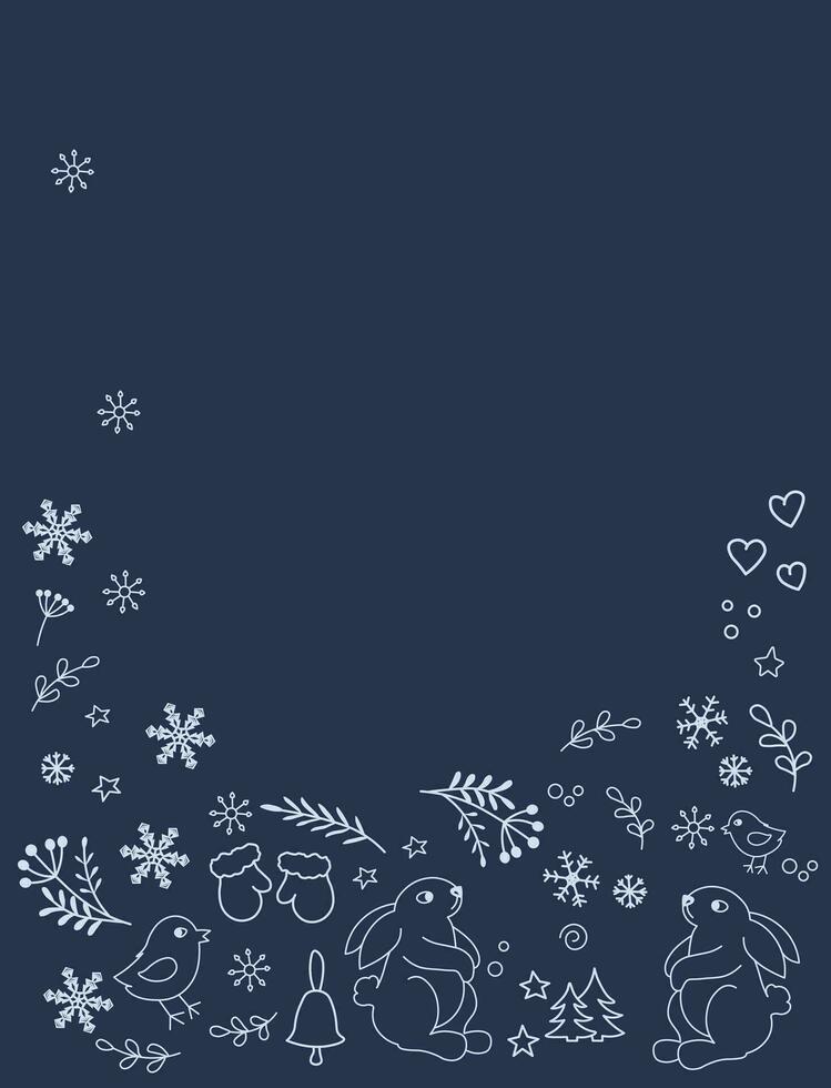 Winter background for the card. Vector illustration. Hares, snowflakes, berries, branches of coniferous trees. Frosty mood. For children.