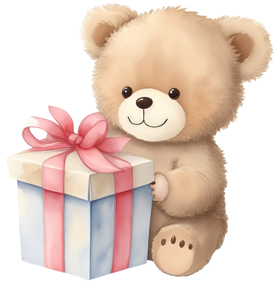 schattig teddy beer met een geschenk doos geïsoleerd. ai generatief png