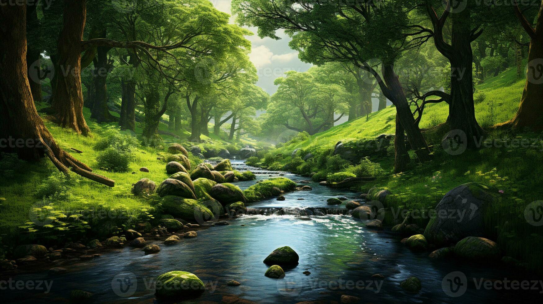 green tree with stream in forest. nature scene background. generative AI photo