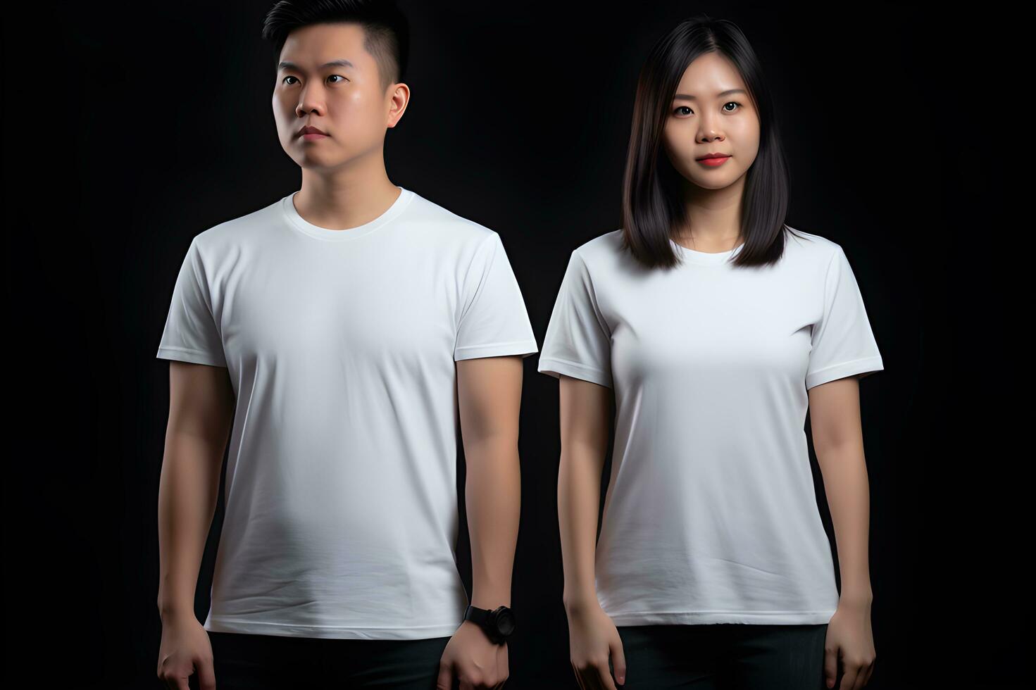 generativo ai. blanco blanco camiseta Bosquejo en masculino y hembra modelo escaparate tu diseños en estilo foto