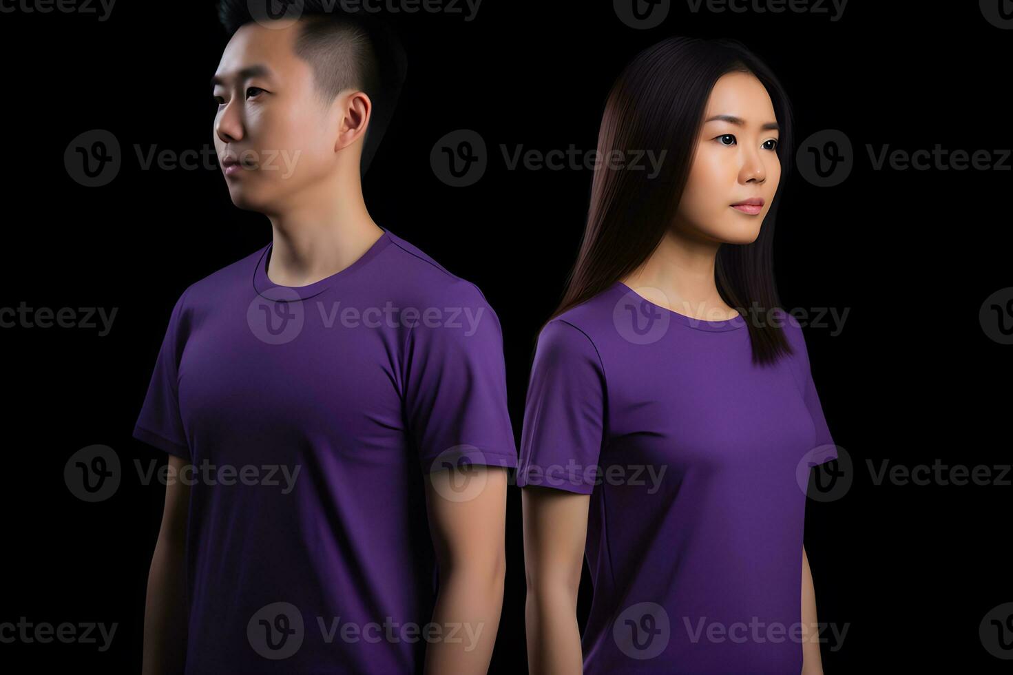 Generative AI. Blank Purple T-Shirt Mockup on Male and Female Model Showcase Your Designs in Style photo