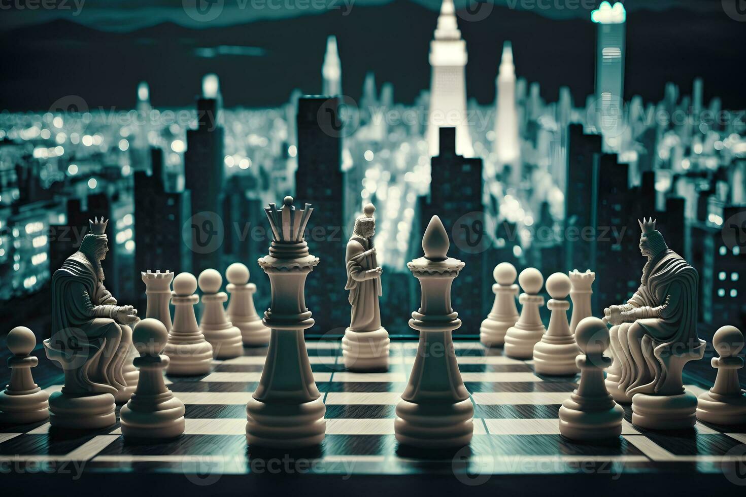 Chess game fight business with city in the background. Generative Ai photo