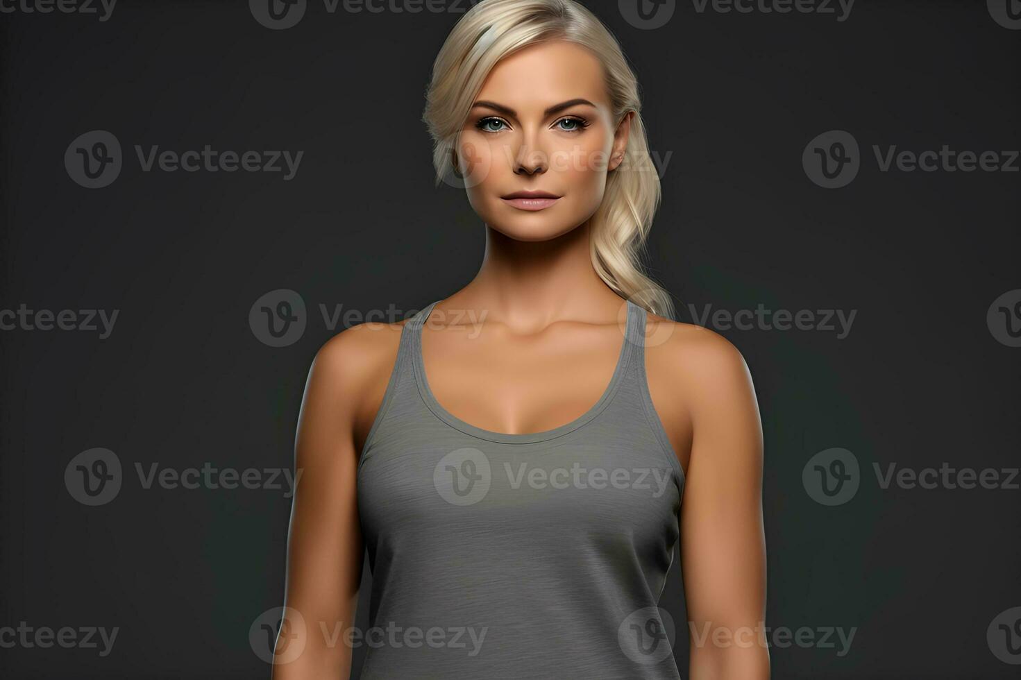 Generative AI. Blank Grey Tank top Mock up on Female Model Showcase Your Designs in Style photo