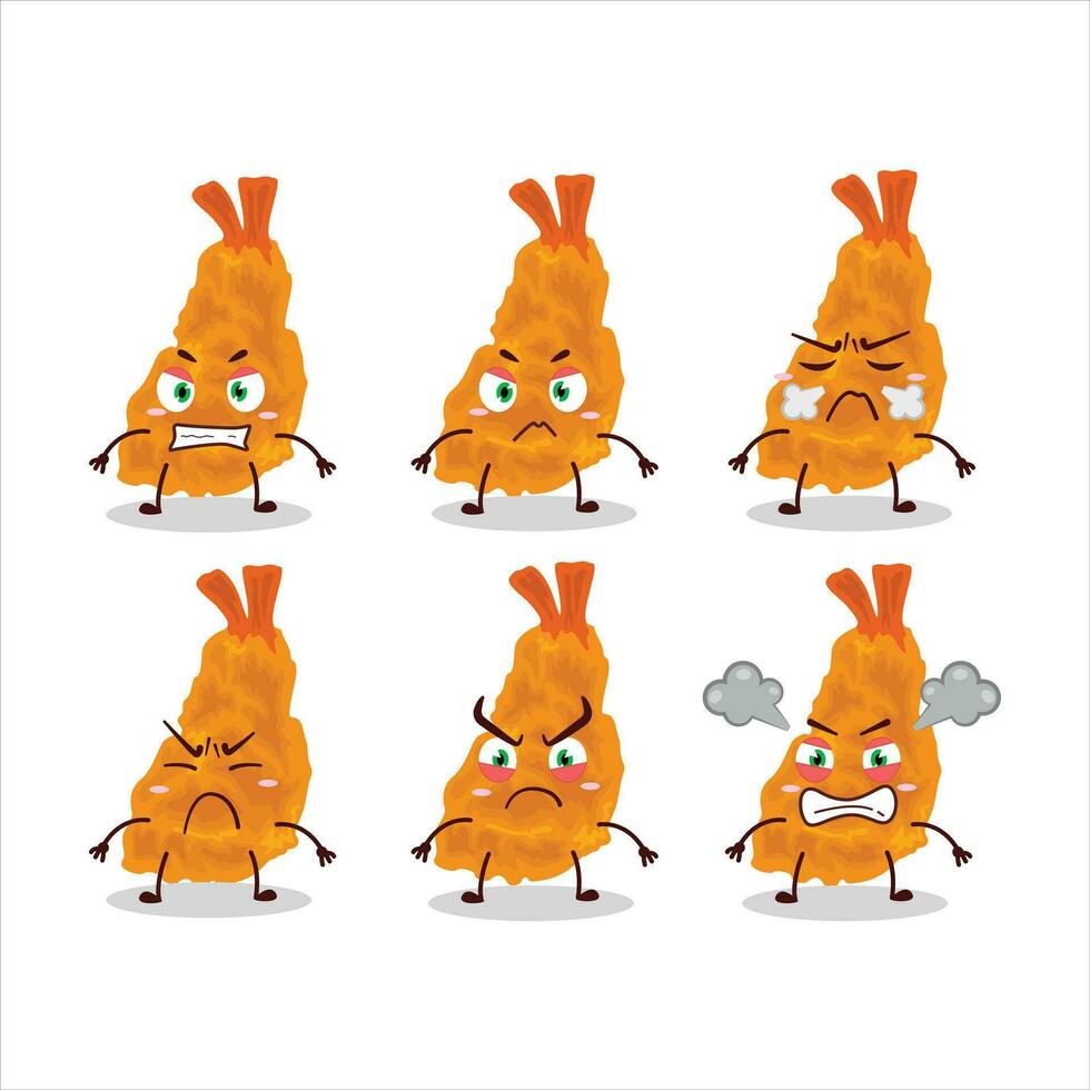 frito camarón dibujos animados personaje con varios enojado expresiones vector