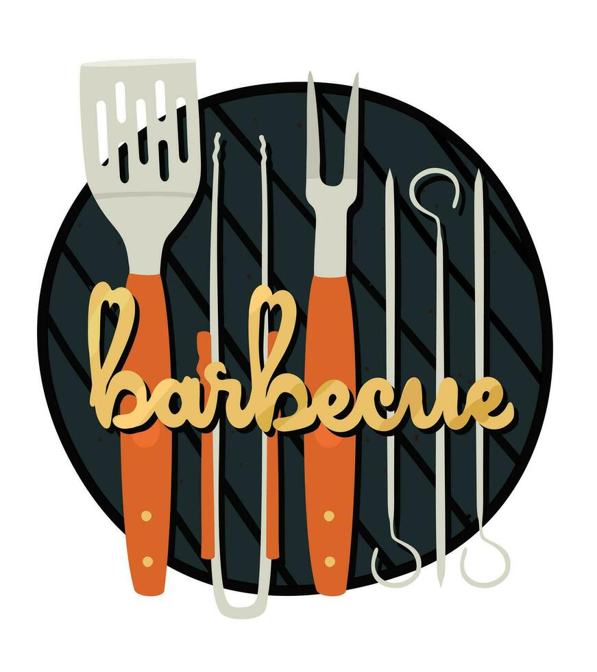Barbecue. Grill crockery. Vector isolated illustration with lettering.