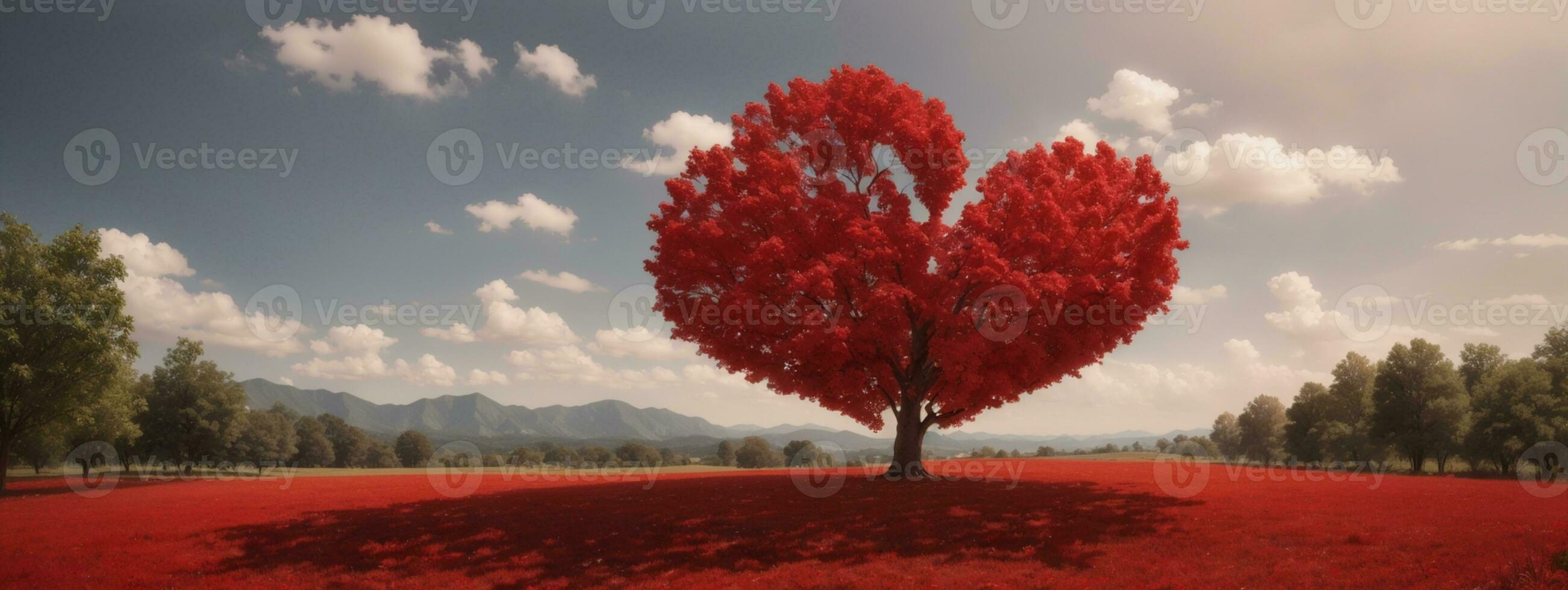 Red heart shaped tree. AI generated photo