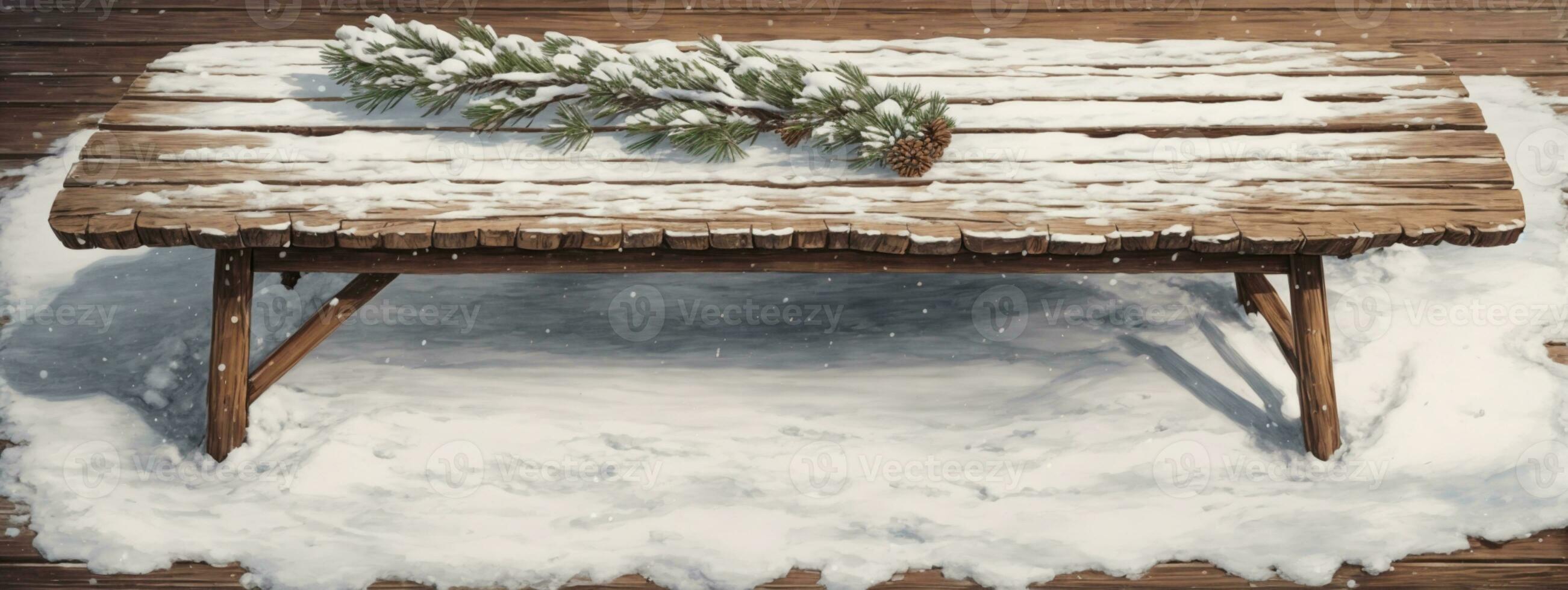 Old wood texture with snow and firtree. AI generated photo