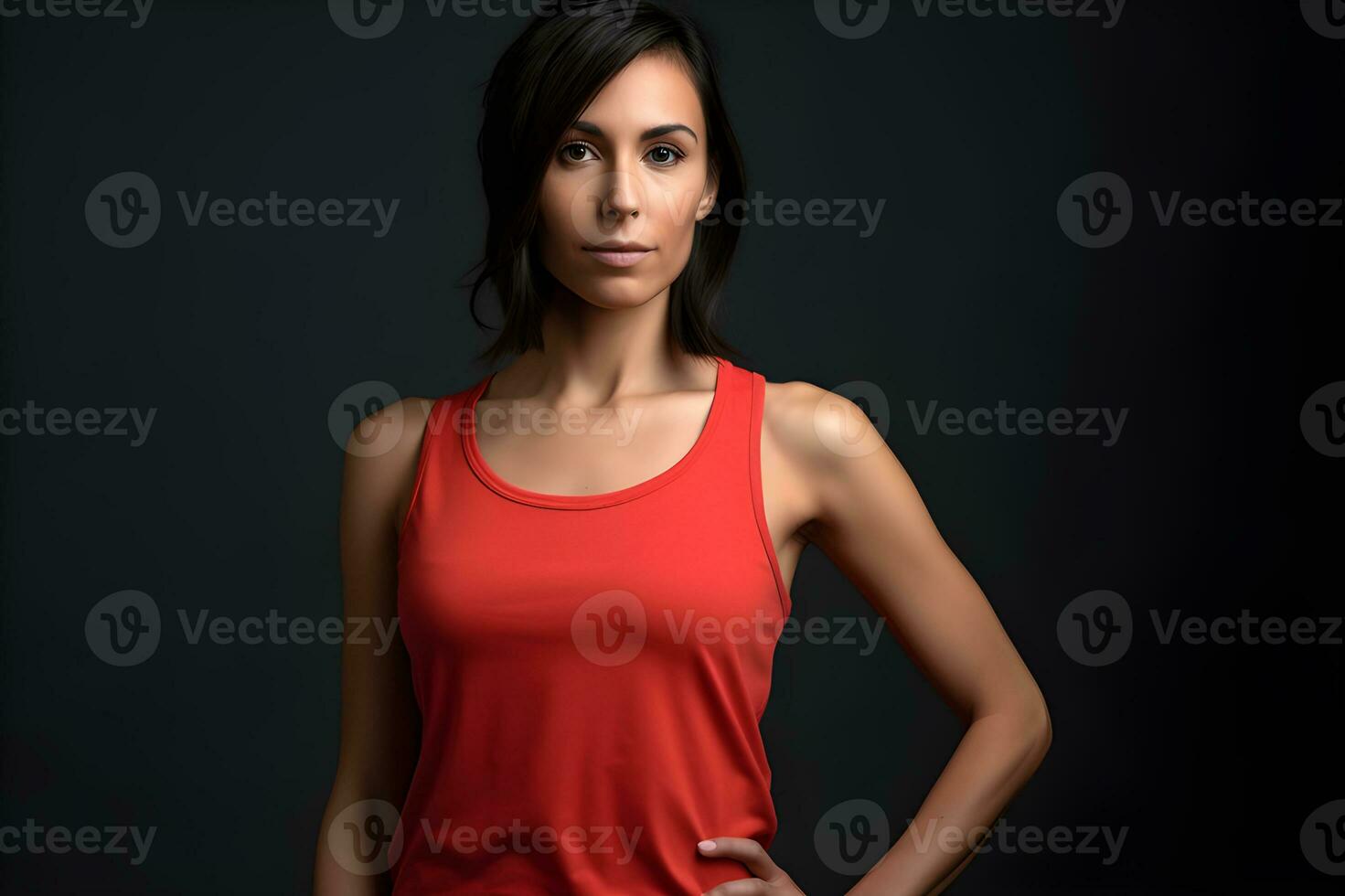 Generative AI. Blank Red Tank top Mock up on Female Model Showcase Your Designs in Style photo