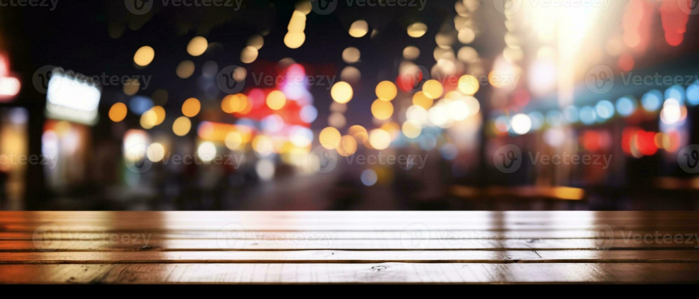 generative AI. A Cozy Night Out A Wooden Table in Front of a Neon-lit Restaurant photo