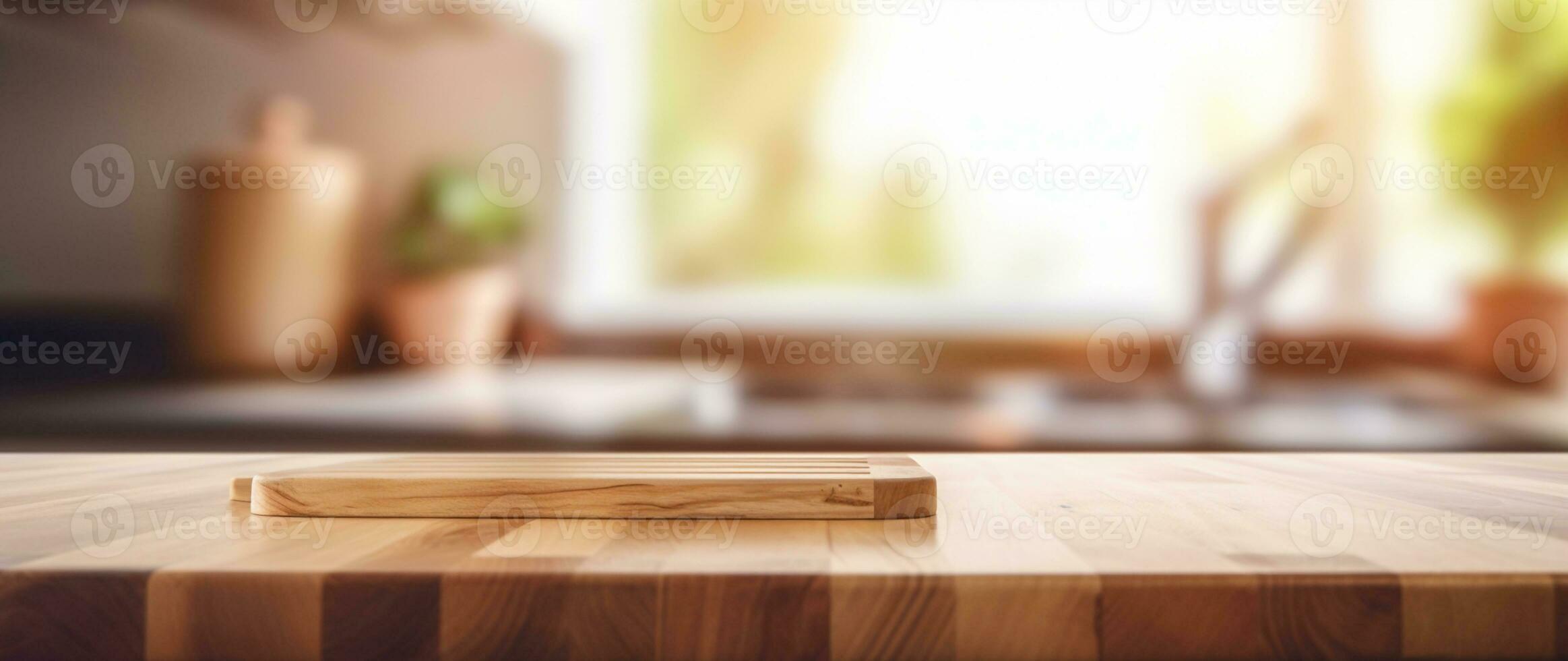 generative AI. Minimalist Elegance Empty Wooden Table in Kitchen with Blurred Background photo