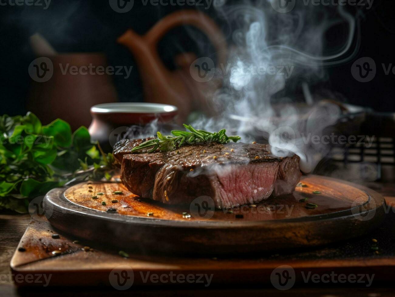 generative AI. Perfectly Cooked Beef Steak on Rustic Wooden Table photo