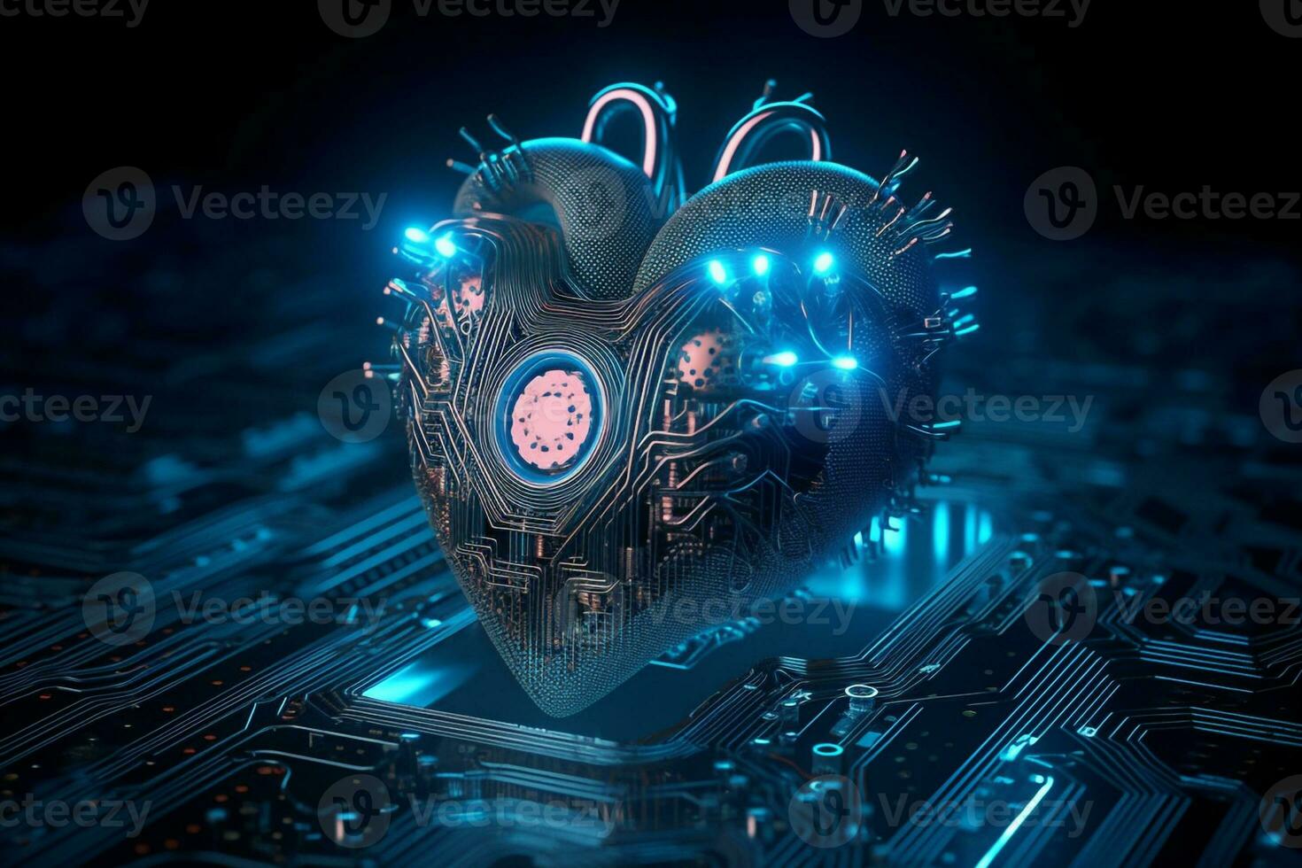 generative AI. Digital Love Blue Heart Shaped as Computer Circuit Board photo