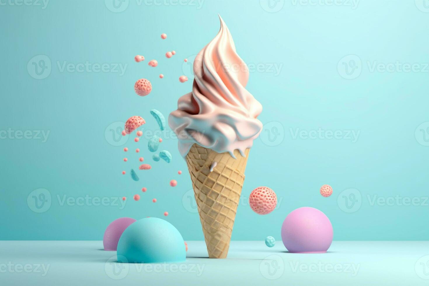 Generative Ai. Melting pastel ice cream cones with colorful toppings on blue background photo