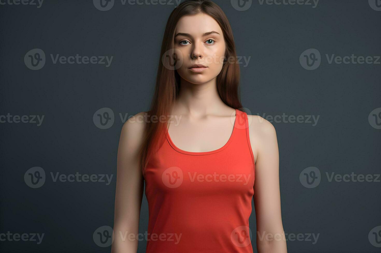 Generative AI. Blank Red Tank top Mock up on Female Model Showcase Your Designs in Style photo