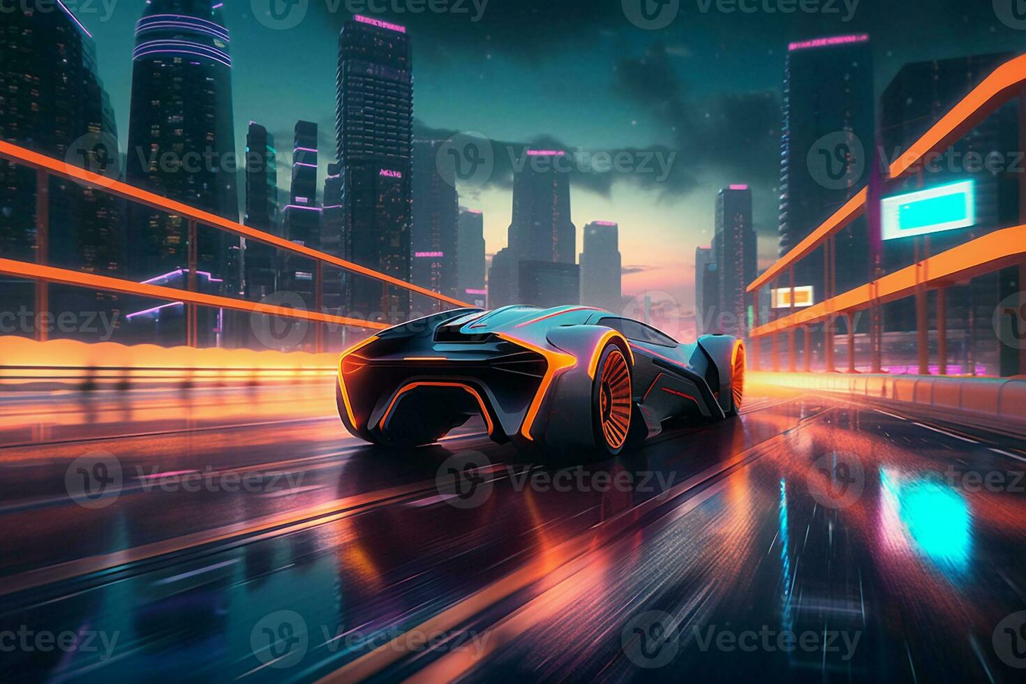 Futuristic Speed Racing Through Neon City. generative AI. photo