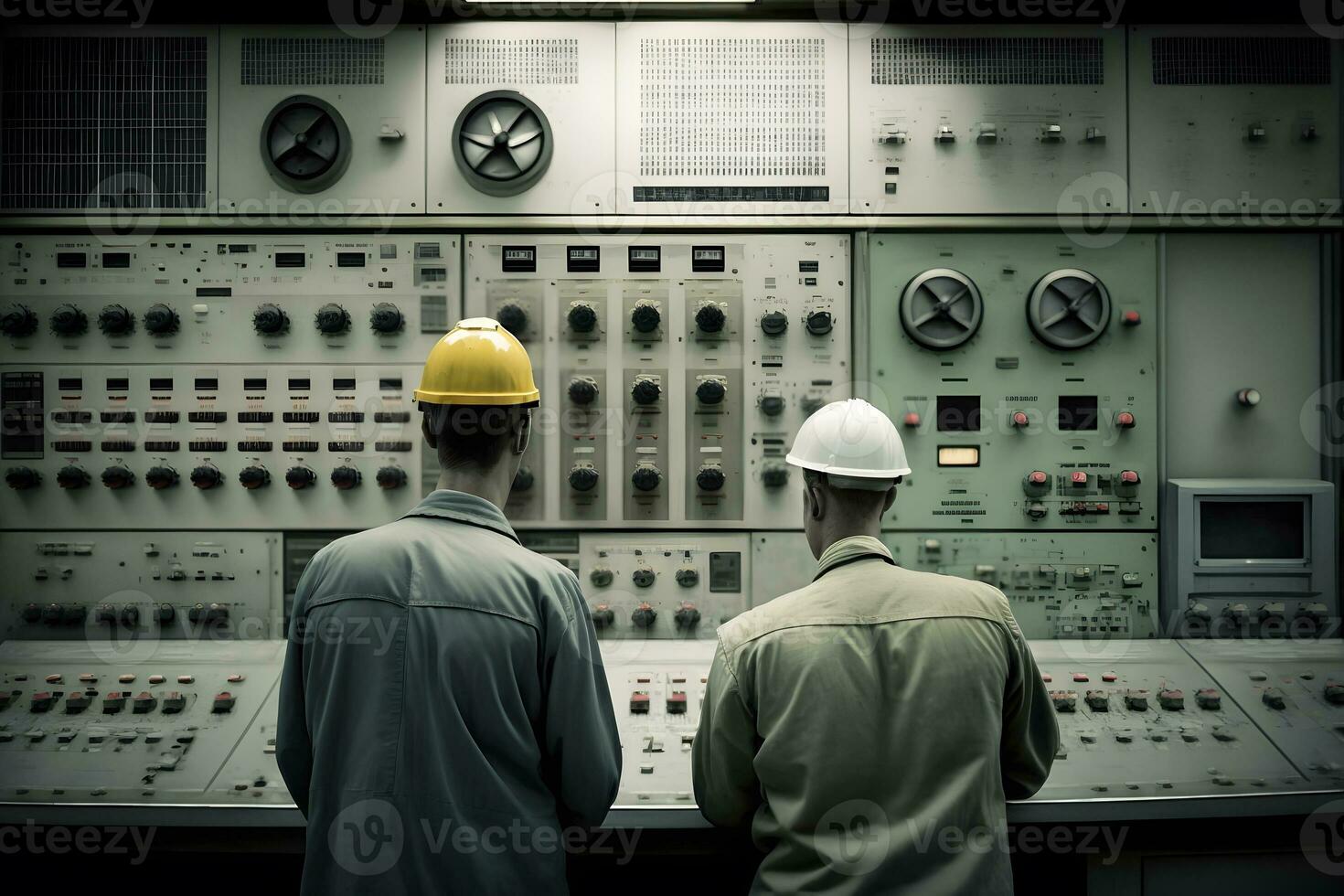 Expert Engineers Managing Nuclear Power Plant Control Panel. Generative Ai photo