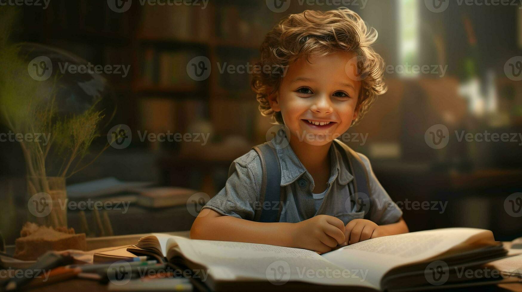 Happy Kid Studying at Home. Capturing the Joy of Focused Learning and Childhood Success photo