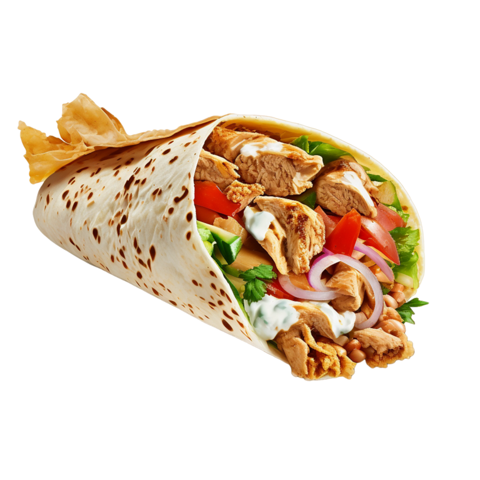 Shawarma wrap filled with chicken kabab roll ai generative png