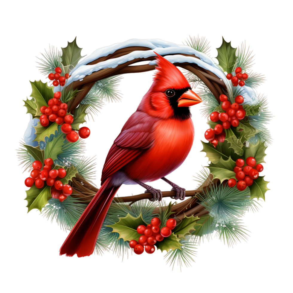 Christmas cardinal sitting on Christmas wreath ai generative png