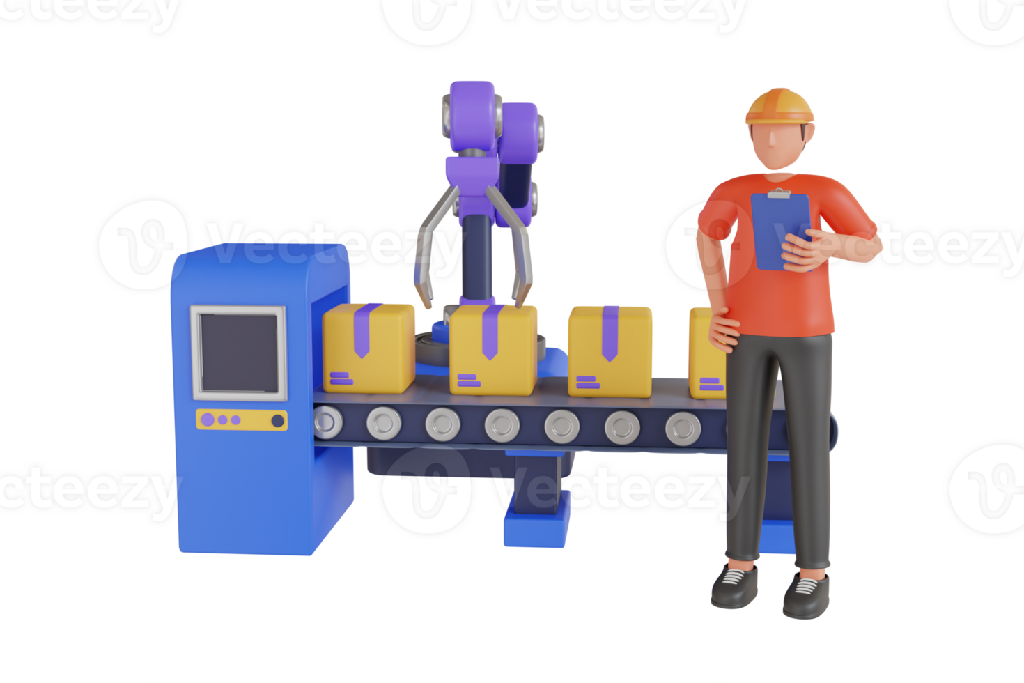 Automated robotic conveyor belt for packaging of products in cardboard boxes. robot arm production line factory. 3d illustration png