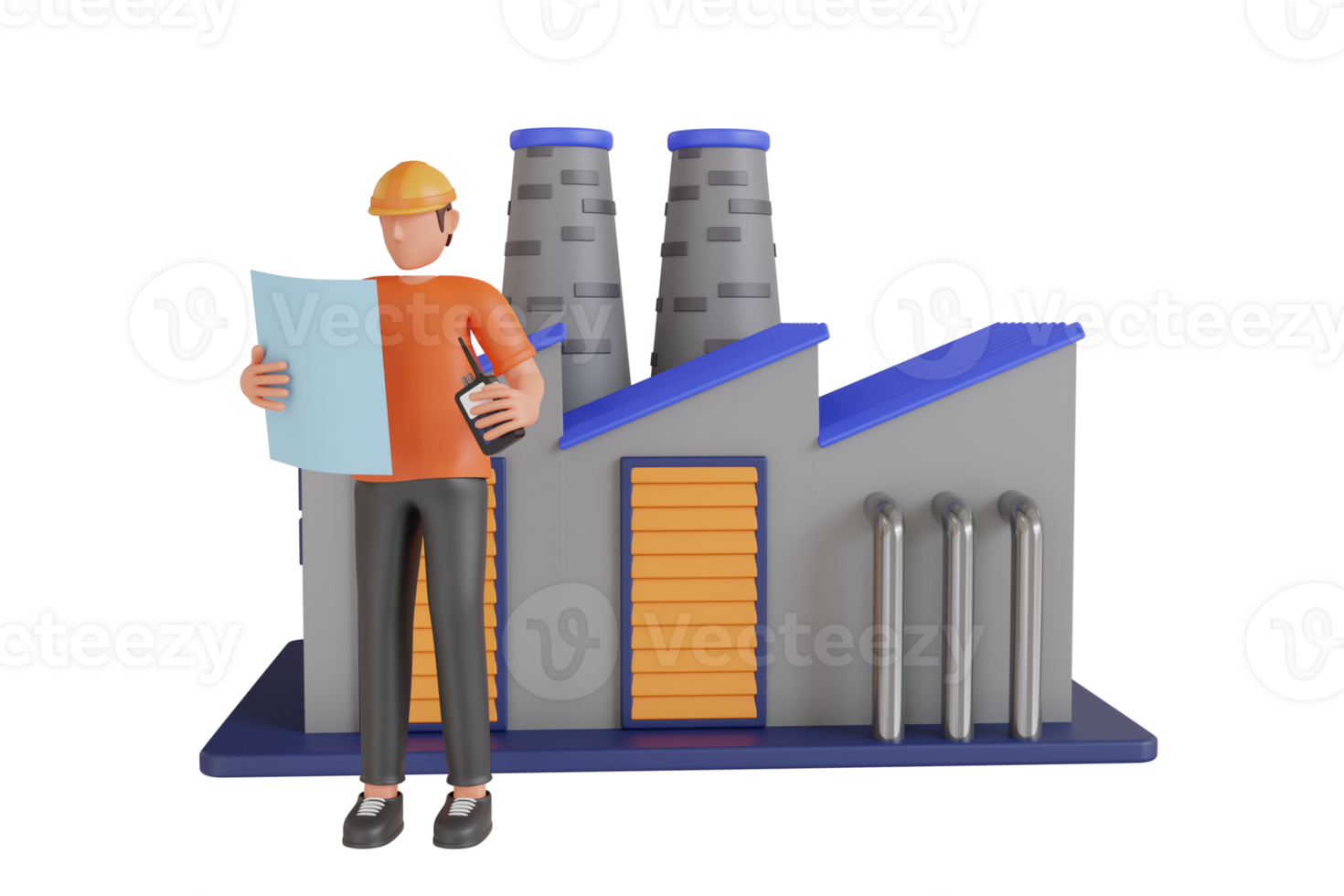 3d illustration of engineer in the factory. engineer looking of working at industrial machinery and check security system in factory png