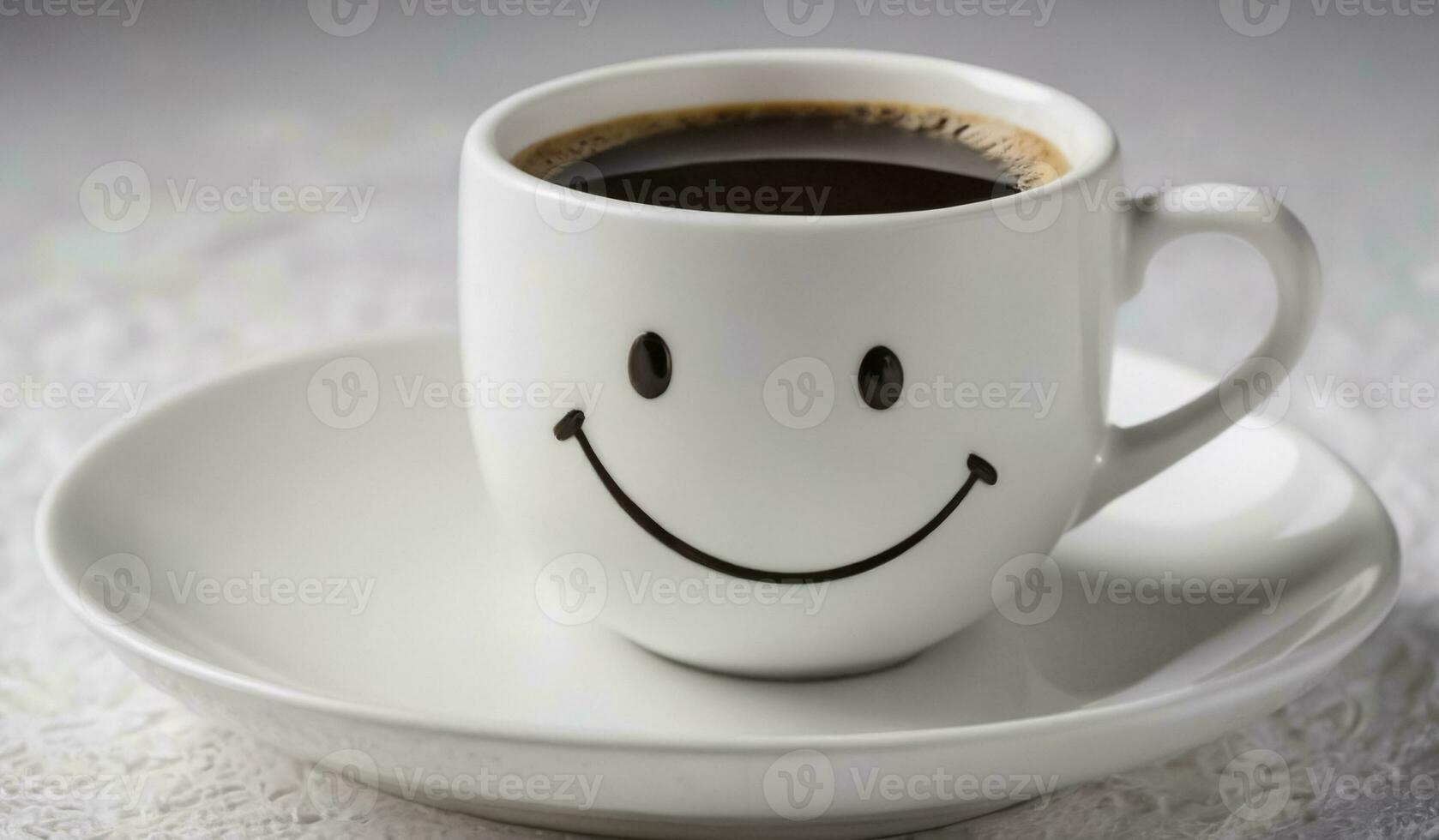 blanco porcelana taza de café con sonriente cara en él, bueno Mañana signo. foto
