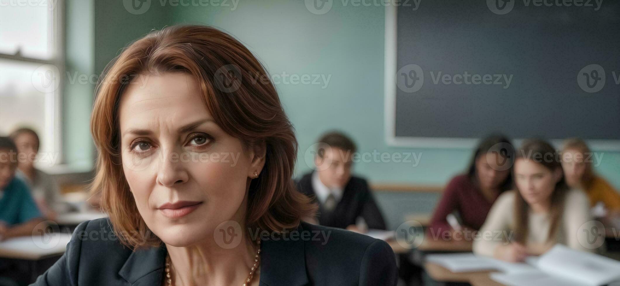 Close up Portrait of Teacher Giving a Lecture in a College Room. photo