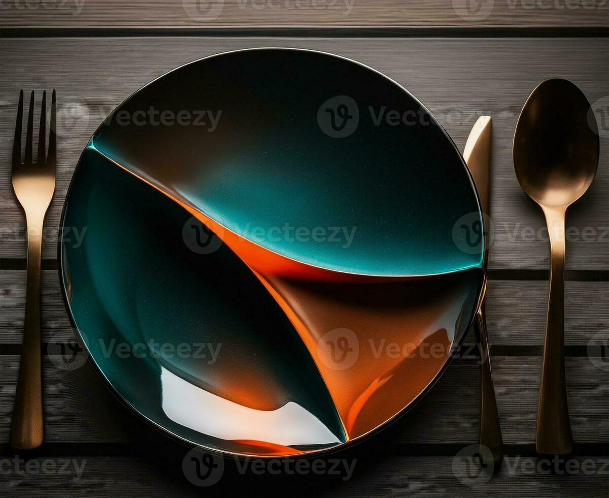 Served set of dish, fork, spoon and knife on a wooden table. photo