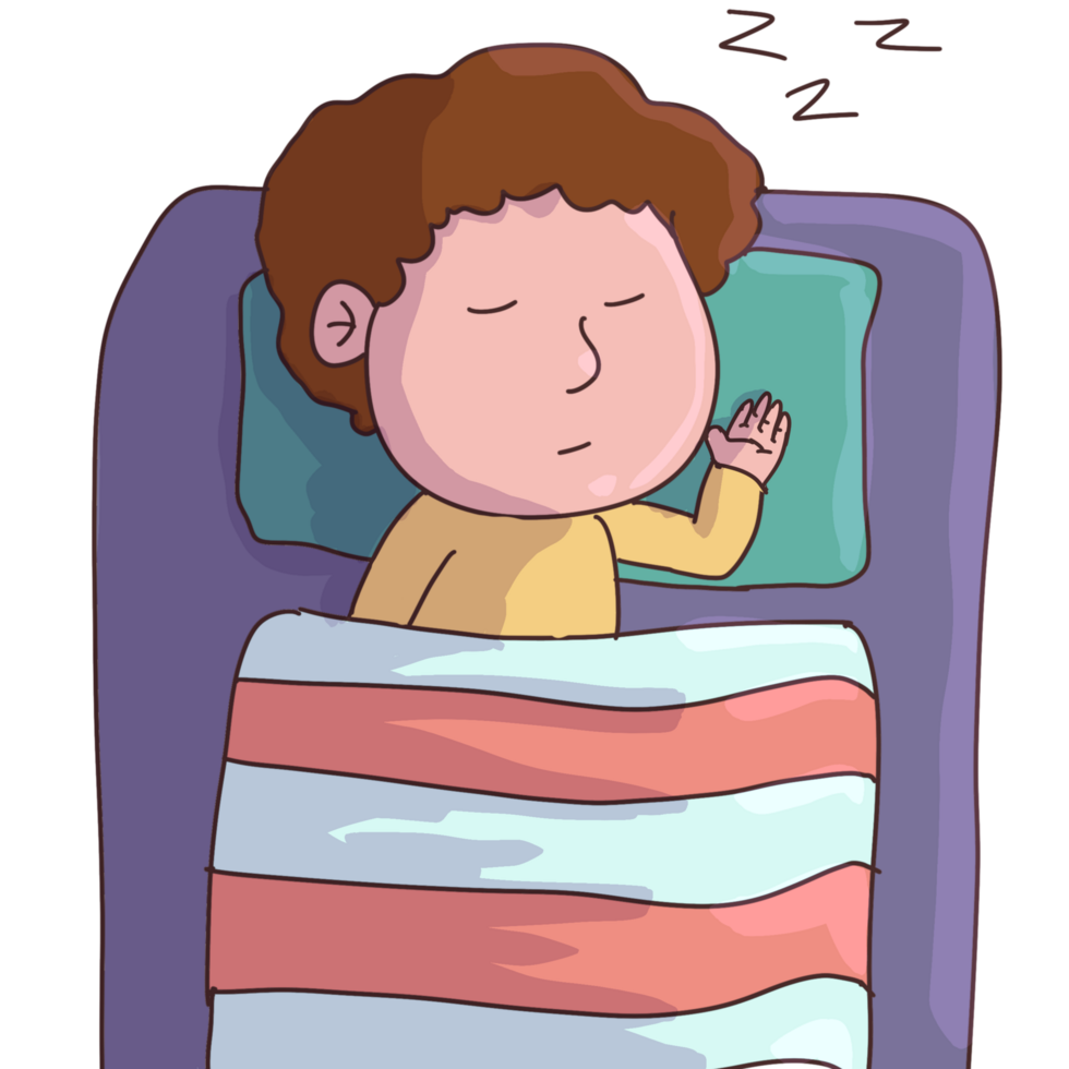 dessin animé garçon en train de dormir dans lit avec une oreiller et couverture png