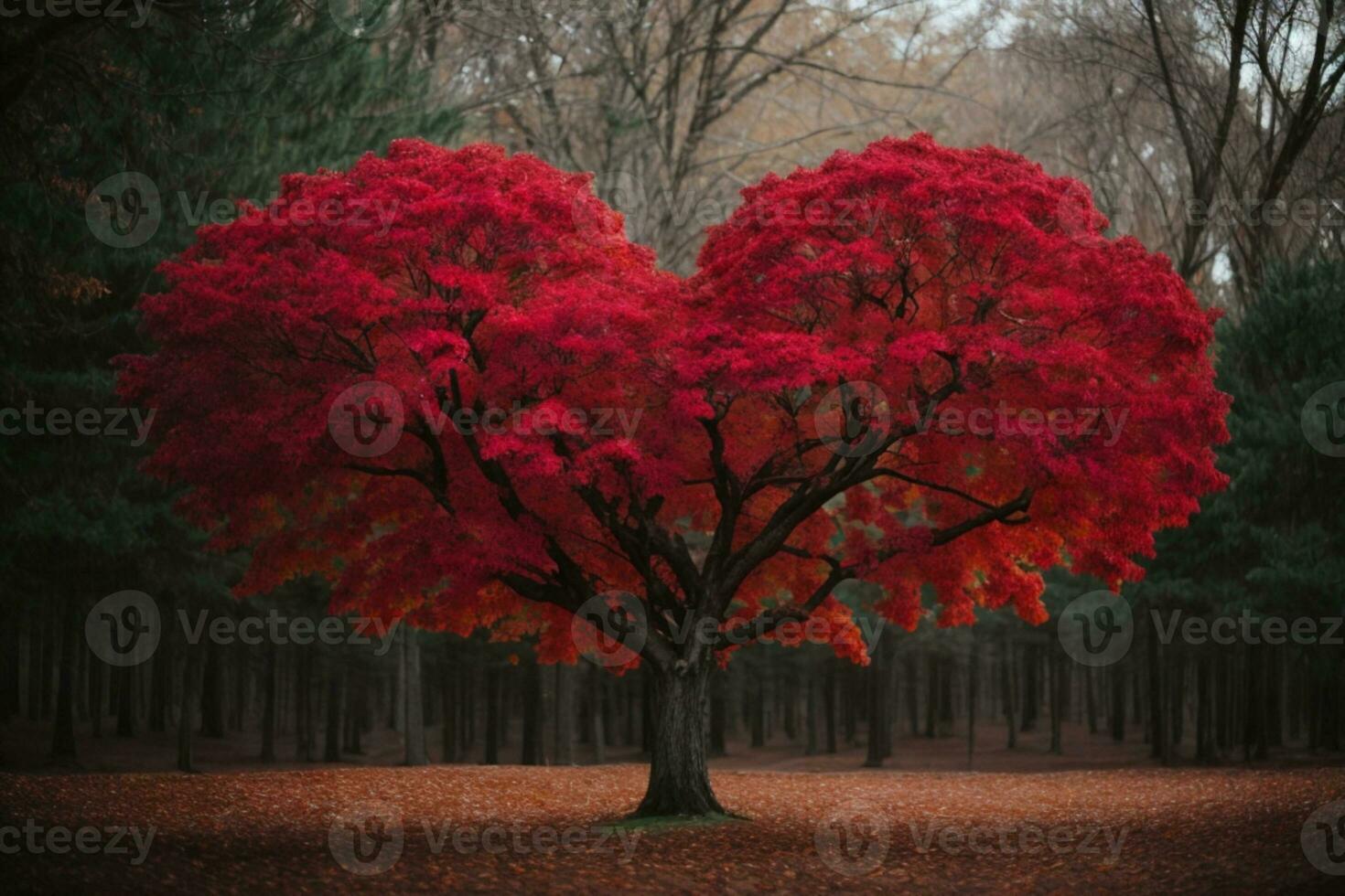 Red heart shaped tree. AI generated photo