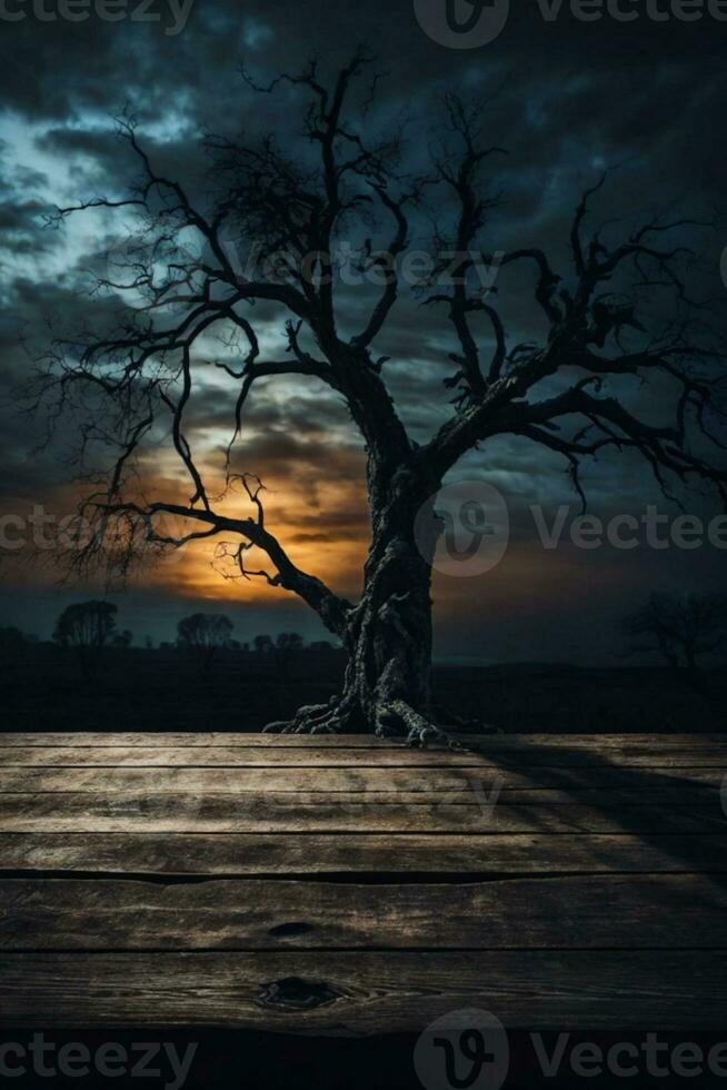 Old wood table and silhouette dead tree at night for Halloween background.. AI generated photo