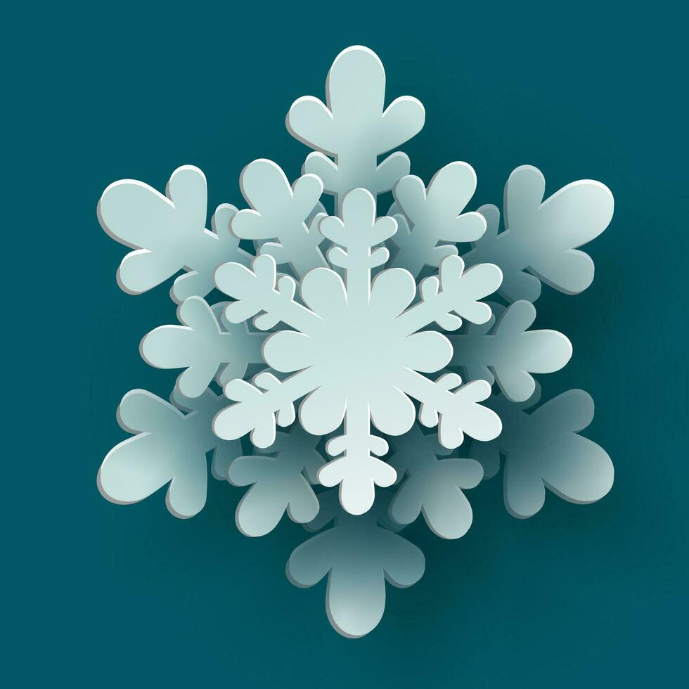 Vector white christmas paper cut 3d snowflake with shadow on teal colored background. Winter design elements for presentation, banner, cover, web, flyer, card, sale, poster, slide and social media