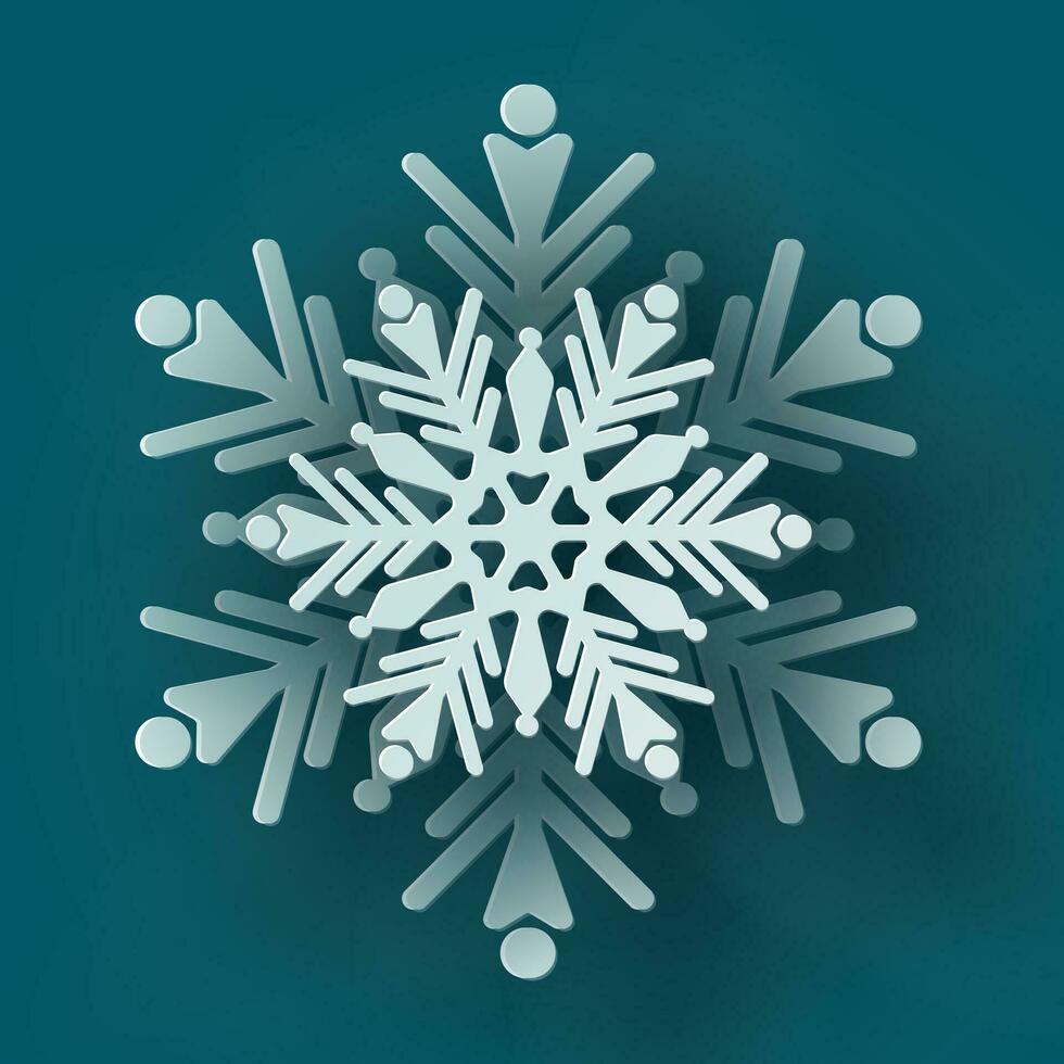 Vector white christmas paper cut 3d snowflake with shadow on teal colored background. Winter design elements for presentation, banner, cover, web, flyer, card, sale, poster, slide and social media