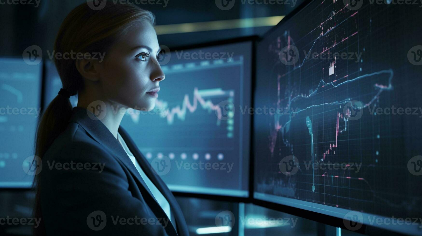 Generative Ai. Businesswoman analyzing investment portfolio on computer screen with multiple graphs photo