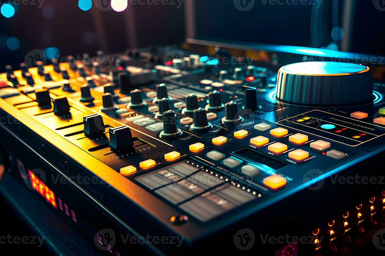 Generative AI. Clubbing Beats Close-up of DJ Sound Mixer with Glowing Lights. photo