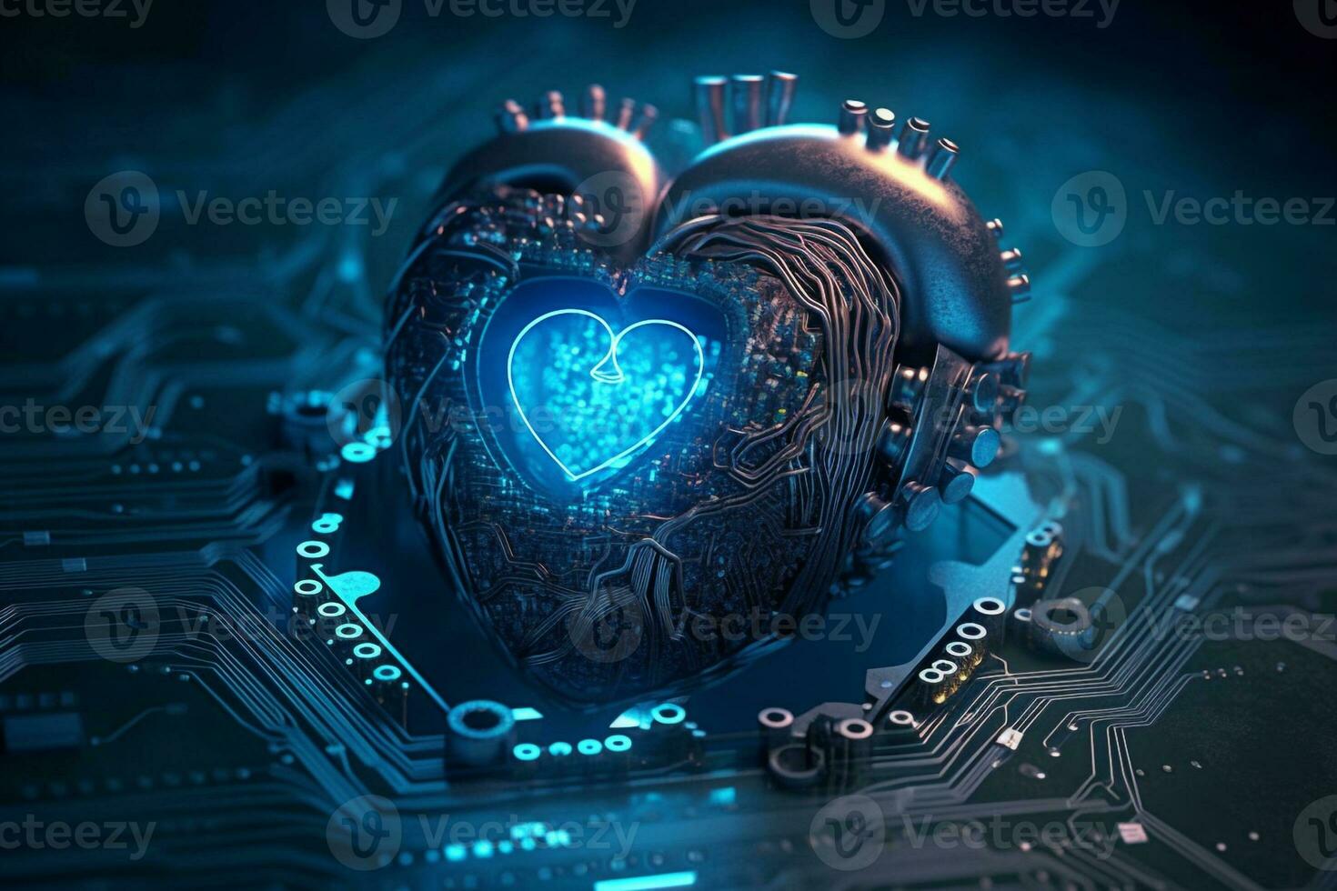 generative AI. Digital Love Blue Heart Shaped as Computer Circuit Board photo