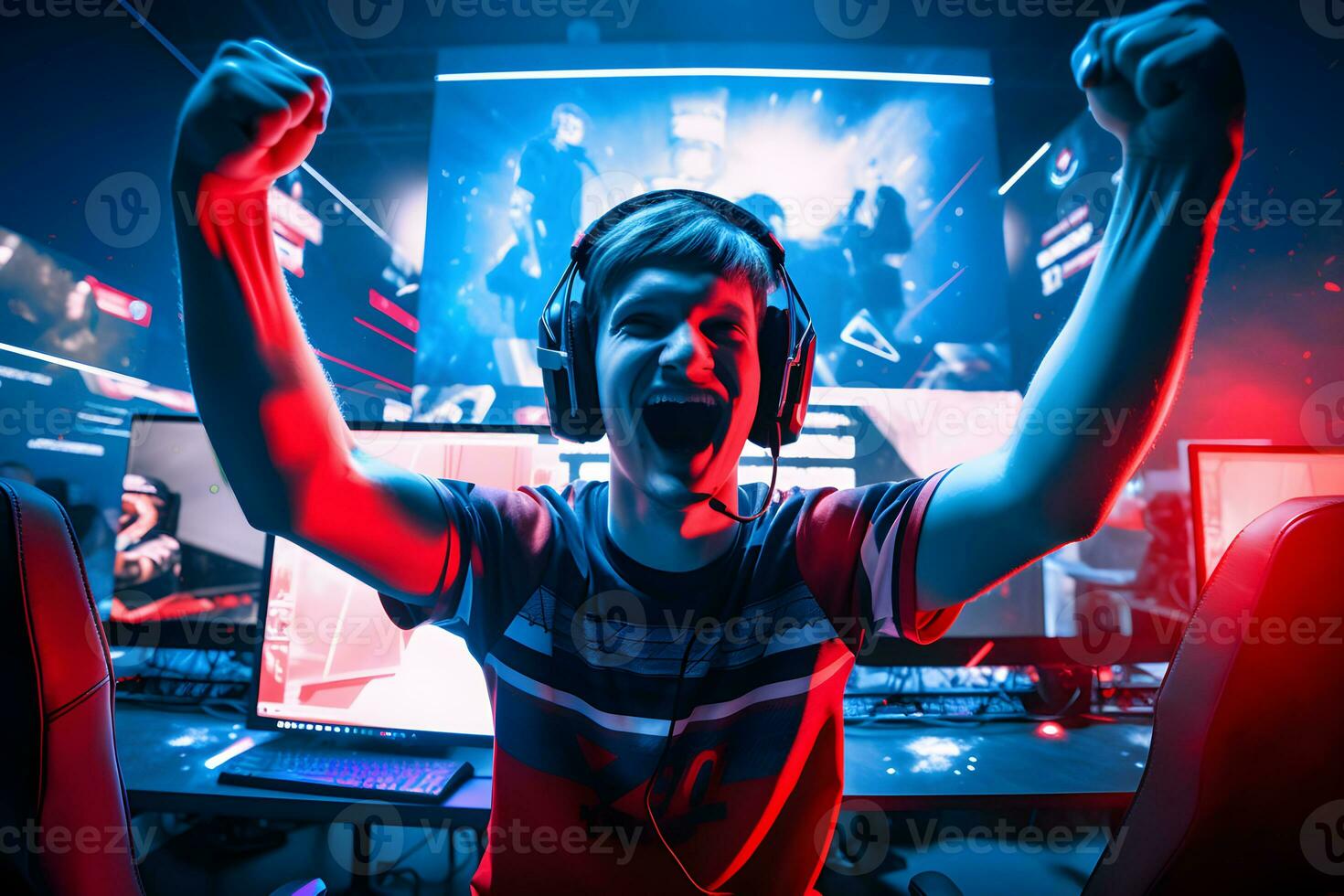 Generative AI. Gaming Glory Professional eSports Gamer Celebrates in Red Blue Illuminated Game Room photo