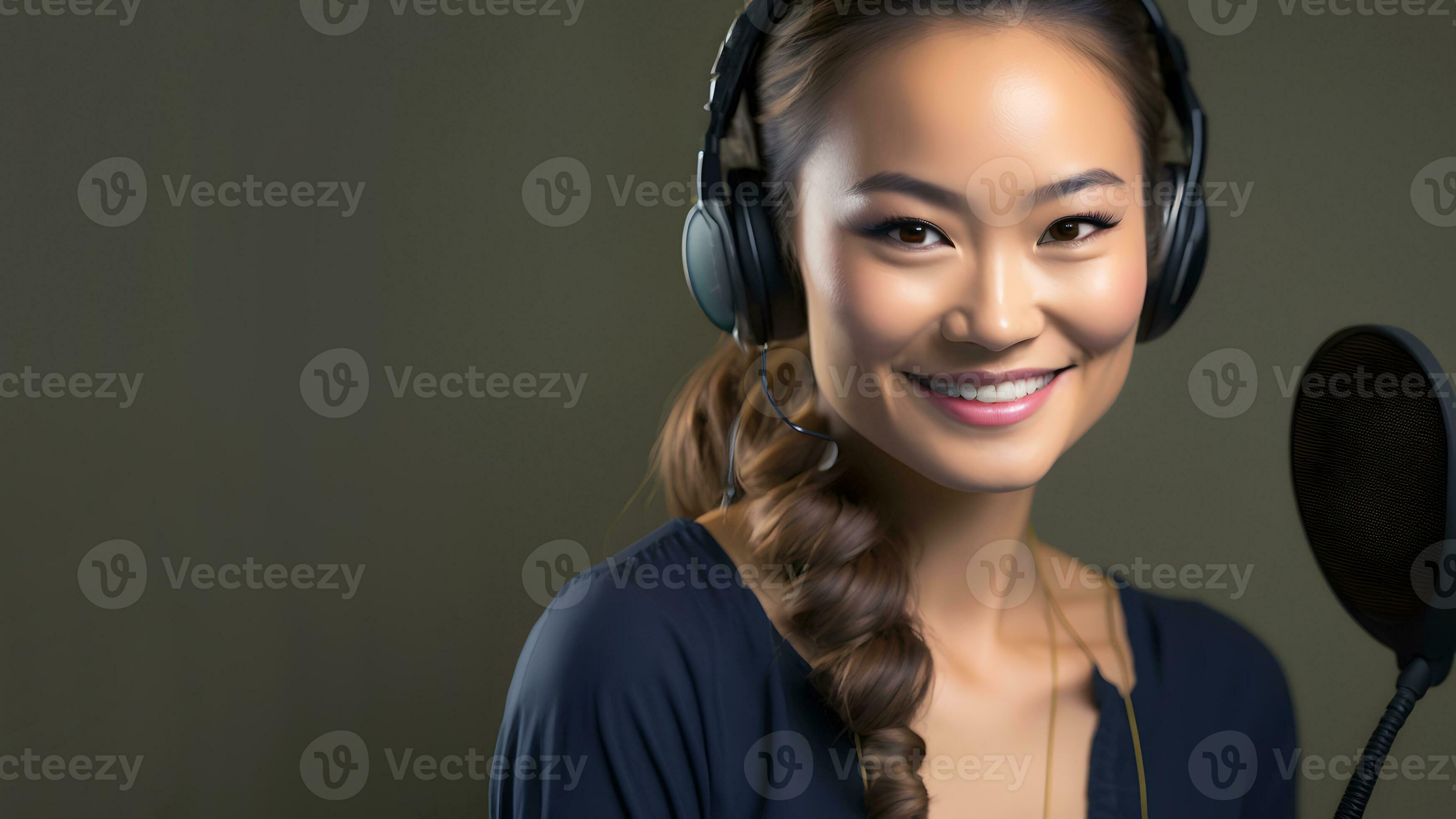 Asian Radio Host with Headphones and Microphone Smiling. Generative AI