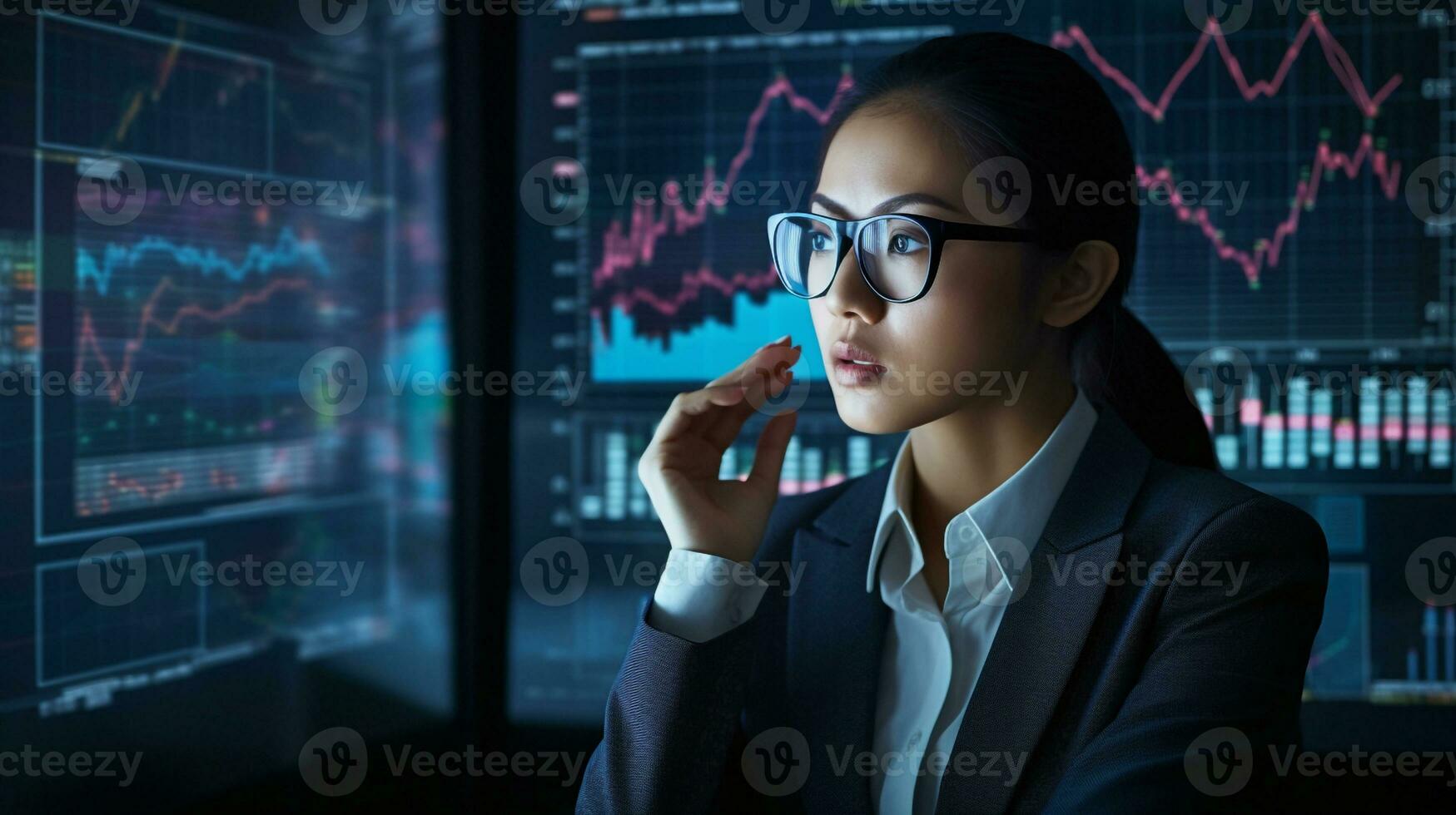 Generative Ai. Asian Businesswoman analyzing investment portfolio on computer screen with multiple graphs photo