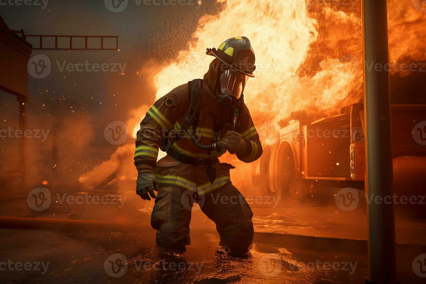 generative AI. Heroes of the Flames Realistic Firefighters Battling Raging Inferno photo