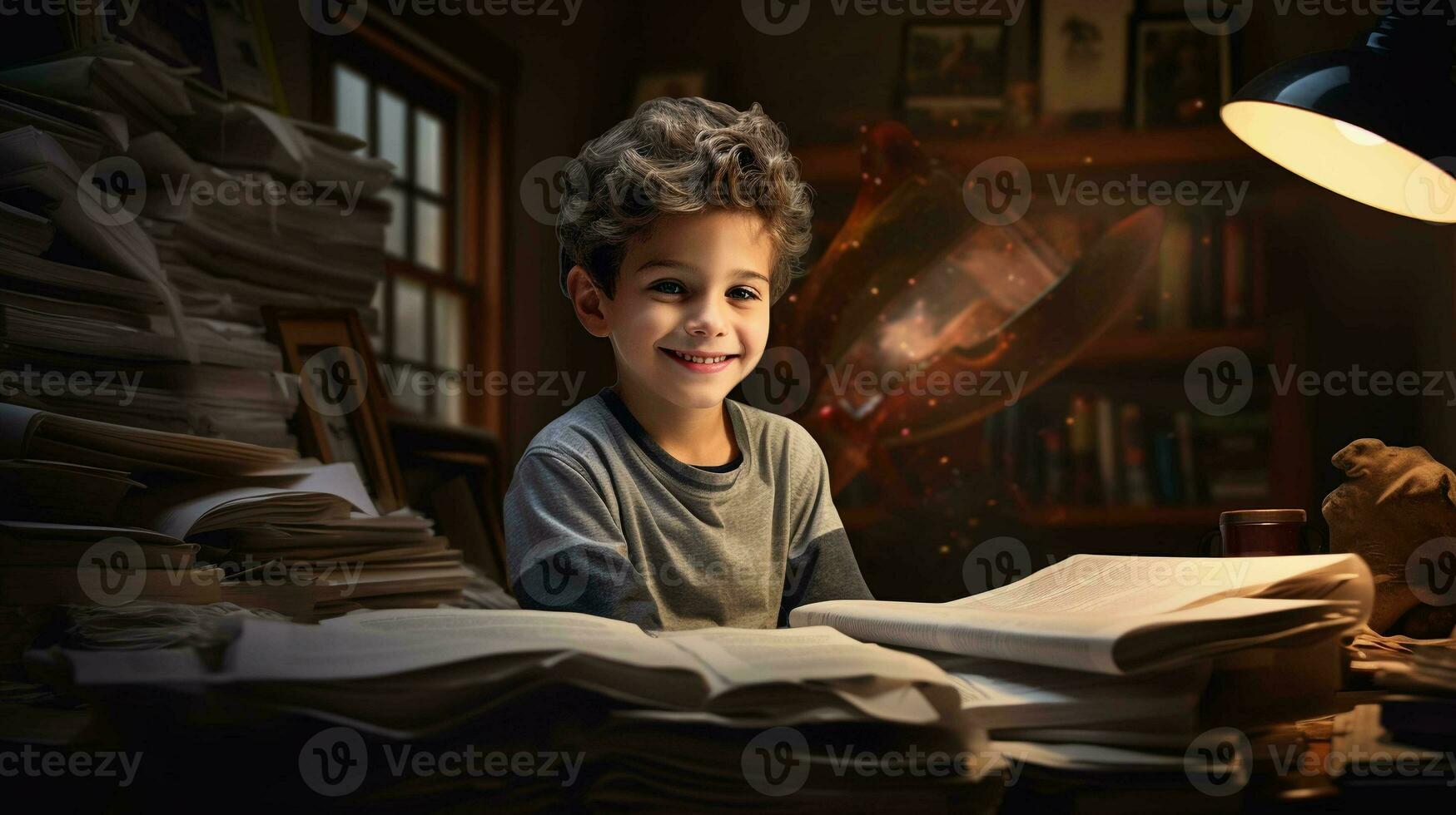 Happy Kid Studying at Home. Capturing the Joy of Focused Learning and Childhood Success photo