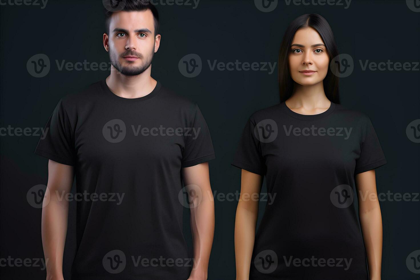 Generative AI. Blank Black T-Shirt Mockup on Male and Female Model Showcase Your Designs in Style photo