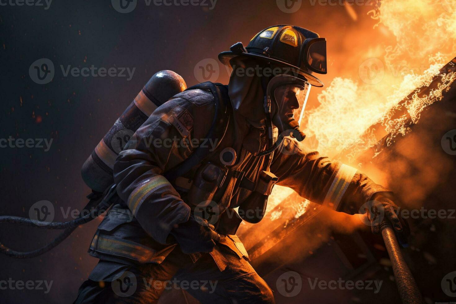 generative AI. Heroes of the Flames Realistic Firefighters Battling Raging Inferno photo