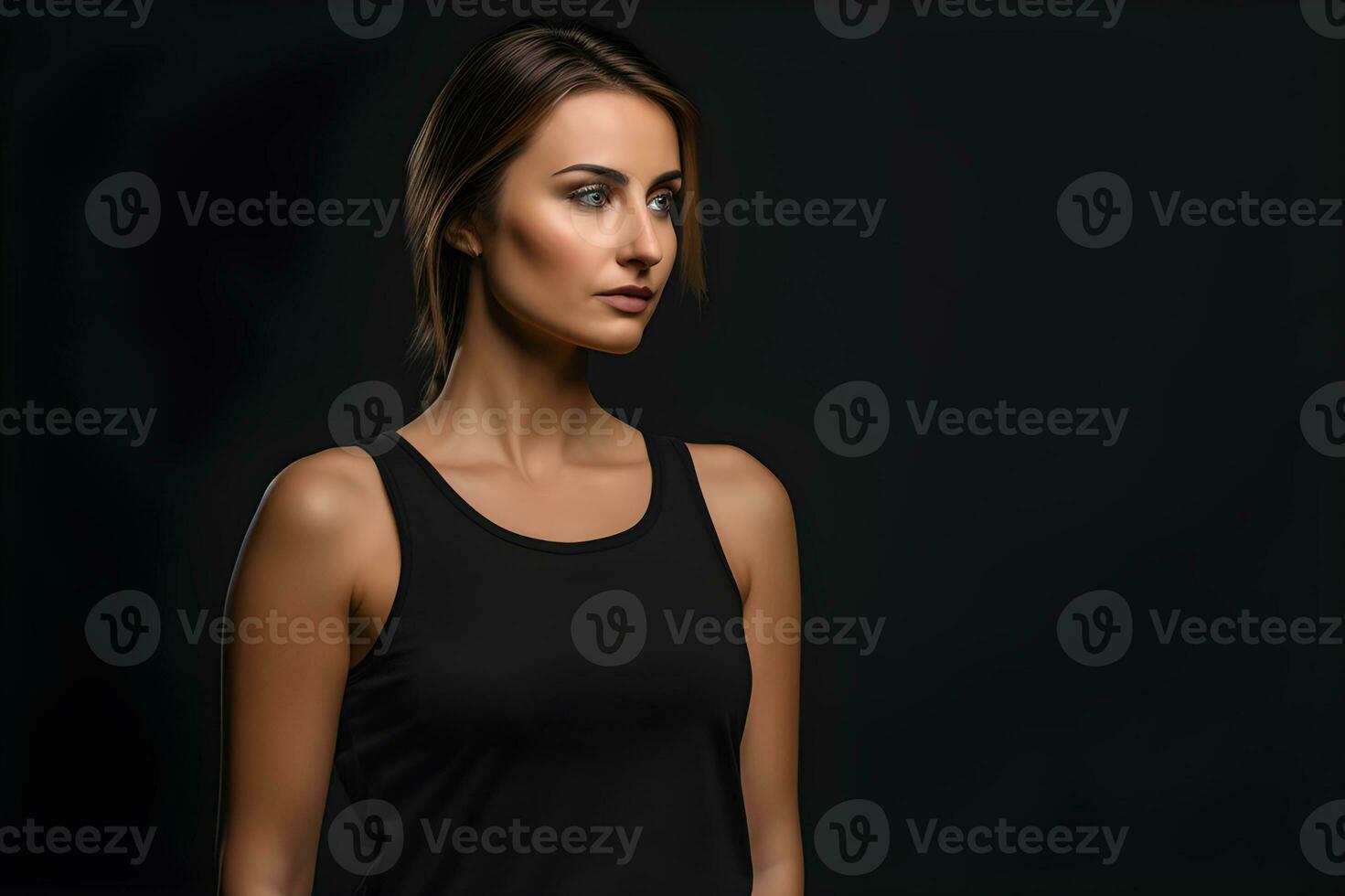 Generative AI. Blank Black Tank top Mock up on Female Model Showcase Your Designs in Style photo