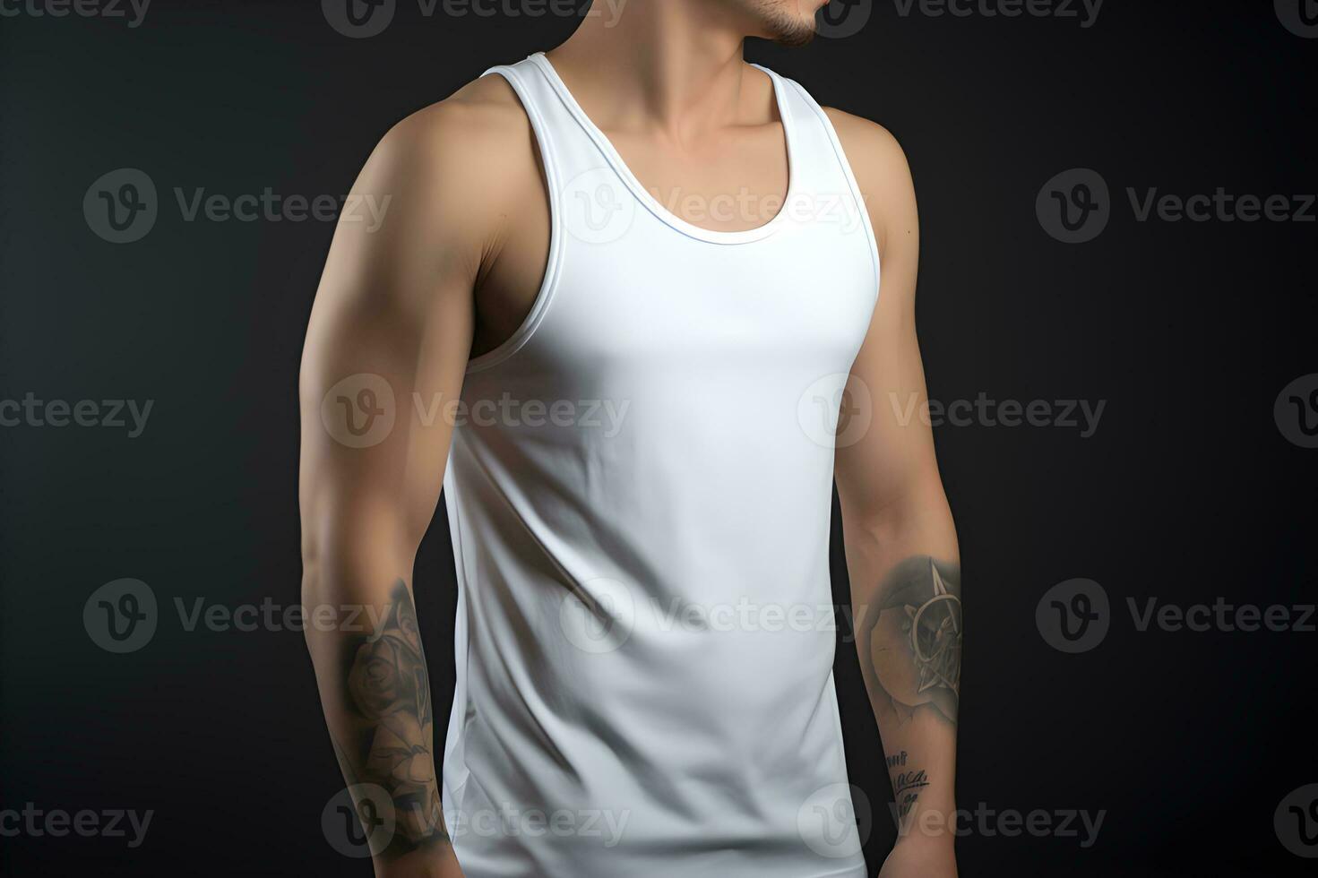 generativo ai. blanco blanco tanque parte superior burlarse de arriba en masculino modelo escaparate tu diseños en estilo foto